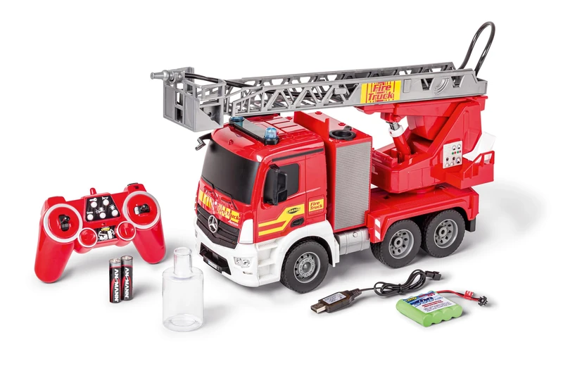 Carson 500907670 1:20 MB Fire Brigade with Rotary Ladder 100% RTR - Remote Controlled Vehicle, Water Spray Function, Includes Batteries and Remote Control, RC Fire Brigade