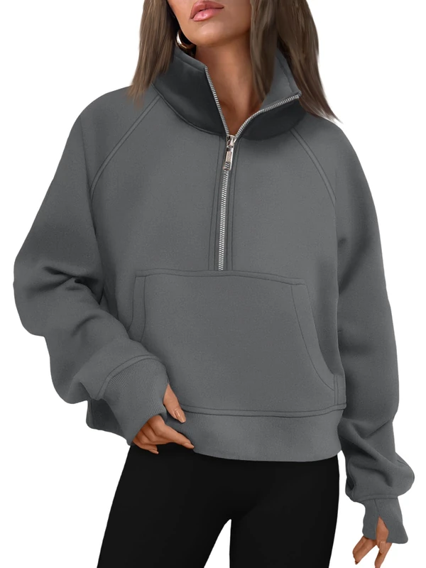 AUTOMET Womens Sweatshirts Half Zip Cropped Pullover Fleece Quarter Zipper Hoodies 2025 Fall Fashion Outfits Clothes, Darkdrey, Large