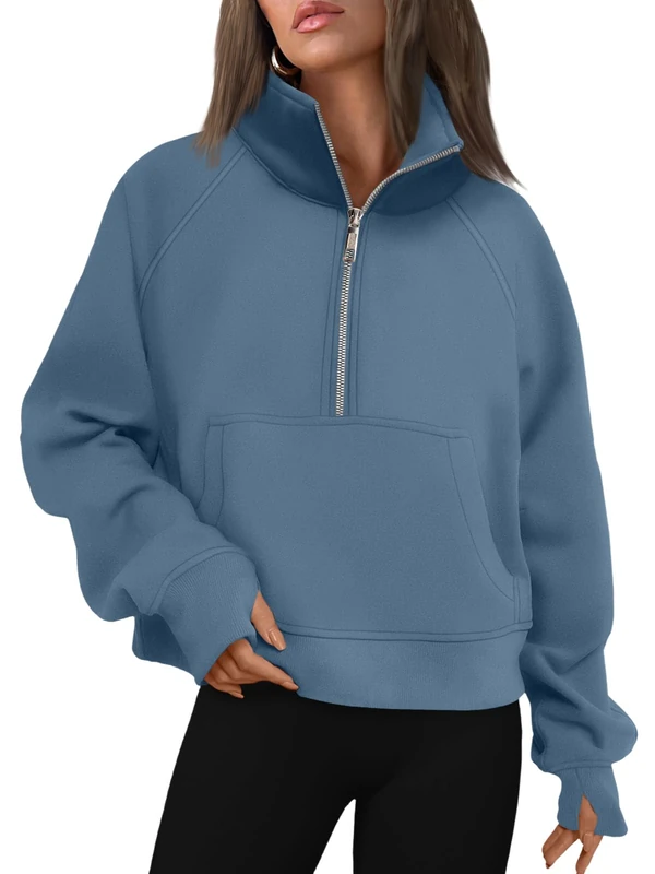 AUTOMET Womens Sweatshirts Half Zip Cropped Pullover Fleece Quarter Zipper Hoodies 2025 Fall Fashion Outfits Clothes, Blue, Large