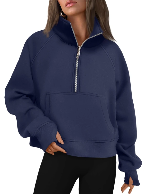 AUTOMET Womens Sweatshirts Half Zip Cropped Pullover Fleece Quarter Zipper Hoodies 2025 Fall Fashion Outfits Clothes, Navyblue, Large