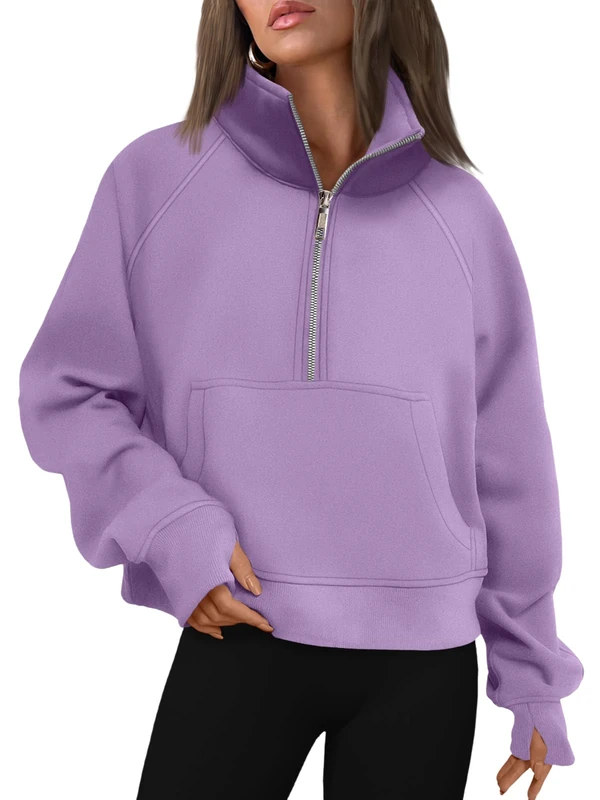 AUTOMET Womens Sweatshirts Half Zip Cropped Pullover Fleece Quarter Zipper Hoodies 2025 Fall Fashion Outfits Clothes, Purple, Large