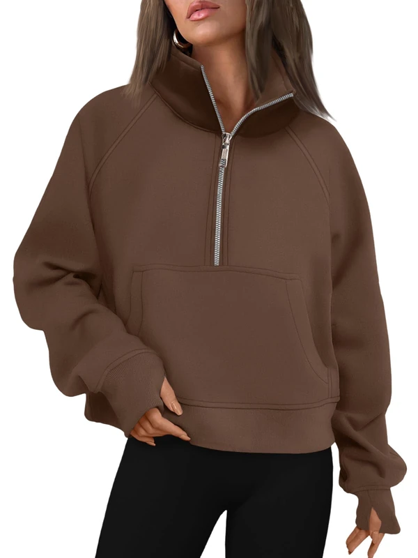 AUTOMET Womens Sweatshirts Half Zip Cropped Pullover Fleece Quarter Zipper Hoodies 2025 Fall Fashion Outfits Clothes, Brown, Medium - Image 1