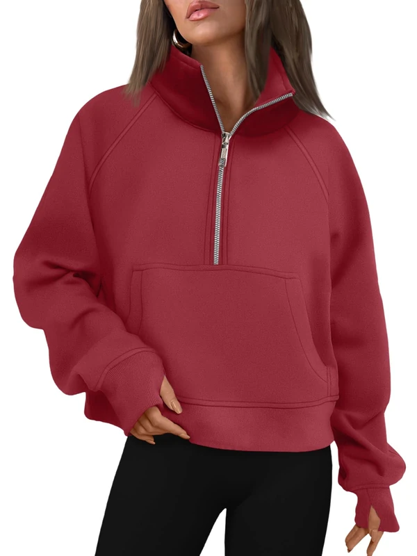 AUTOMET Womens Sweatshirts Half Zip Cropped Pullover Fleece Quarter Zipper Hoodies 2025 Fall Fashion Outfits Clothes, Red, S
