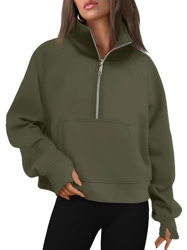 AUTOMET Womens Sweatshirts Half Zip Cropped Pullover Fleece Quarter Zipper Hoodies 2025 Fall Fashion Outfits Clothes, Armygreen, Medium
