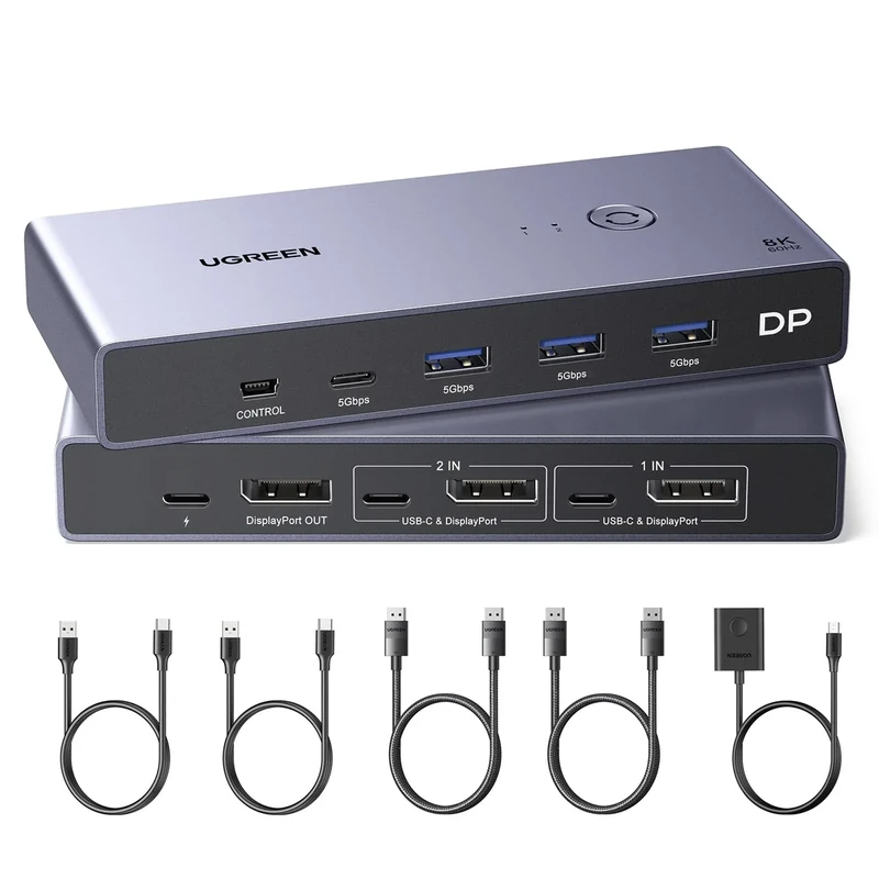 UGREEN 8K@60Hz Displayport KVM Switch, DP 1.4 KVM Switcher Support 4K@240Hz, 4 Port USB Switcher for 2 Computers Share Keyboard, Mouse, Hard Drive, Printer and 1 Monitor
