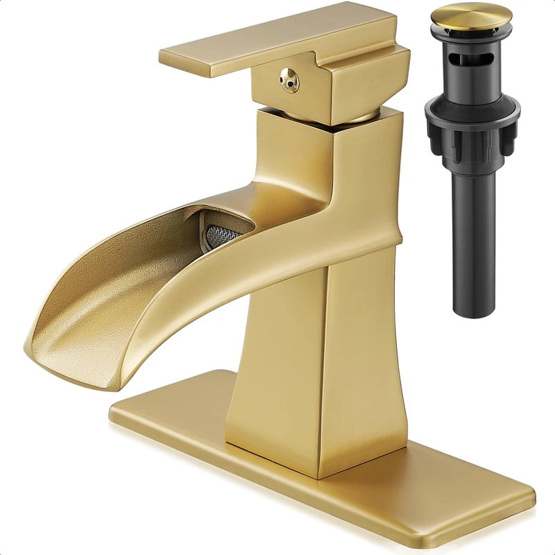 Brushed Gold 1 Hole Waterfall Bathroom Sink Faucet with Drain