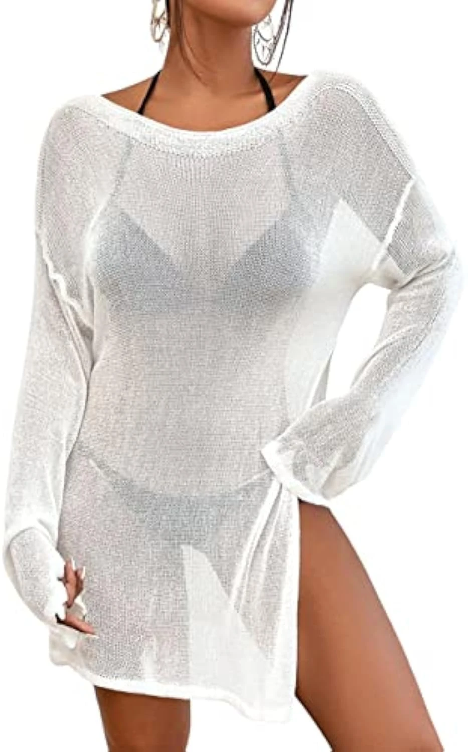 Bsubseach Crochet Cover Ups for Swimwear Women Beach Blouse Mesh Knitted Dress White S
