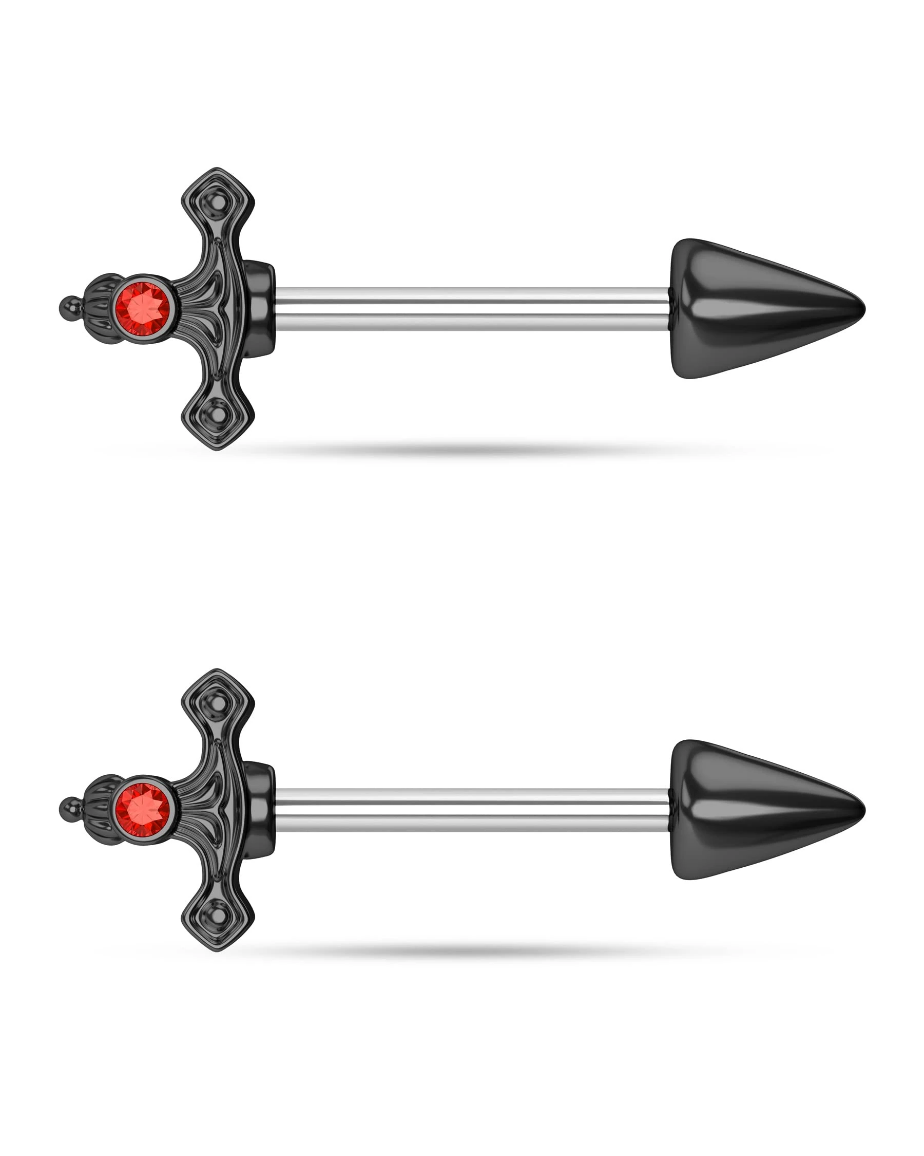 CM Crareesi Mania 2PCS Dagger Nipple Bars Nipple Piercing 316L Surgical Steel Nipple Barbell Rings 14Gauge Goth Nipple Shield Piercing Jewellery with Red Gem(Black)