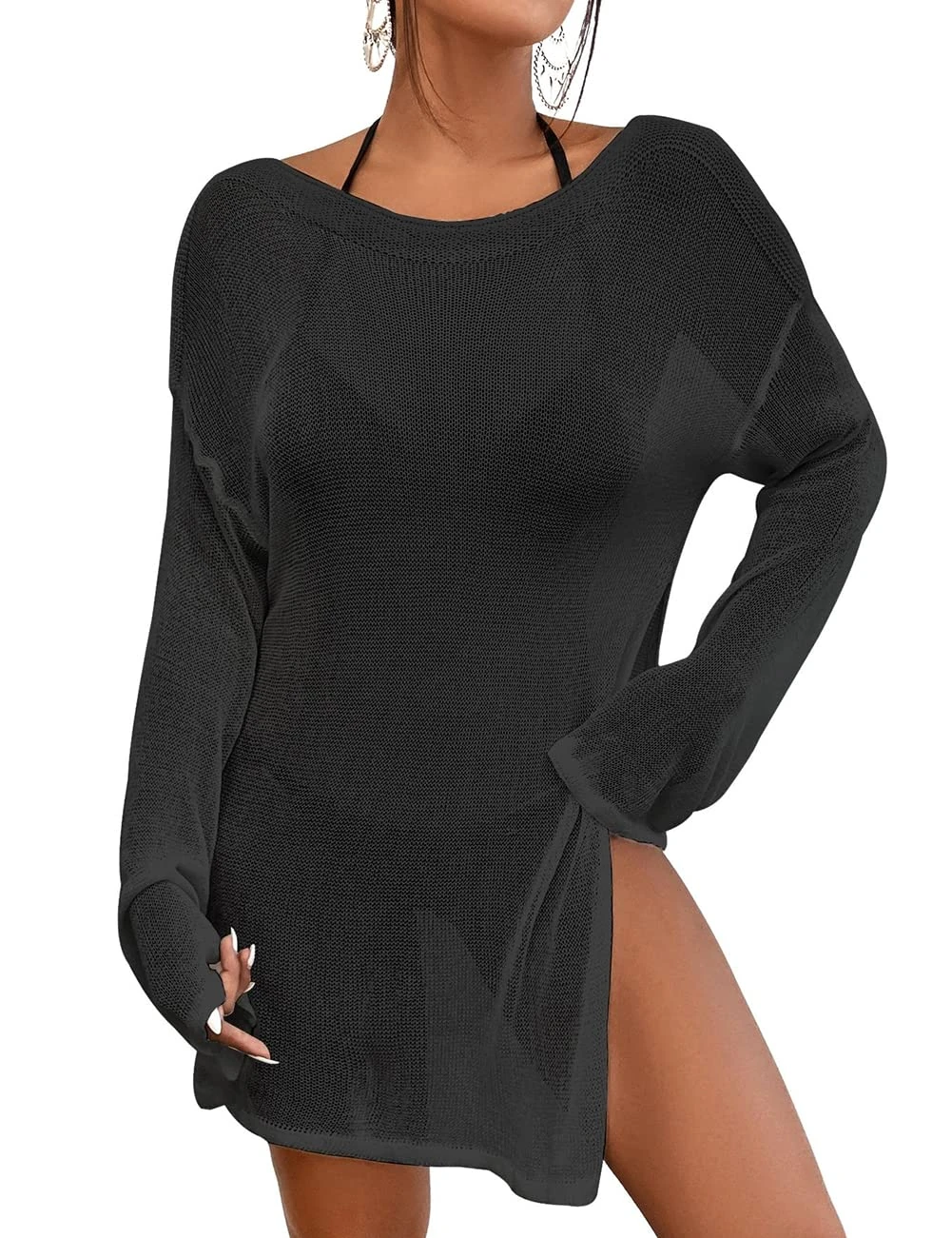 Bsubseach Crochet Cover Ups for Swimwear Women Beach Blouse Mesh Knitted Dress Black S