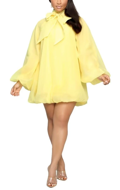 Yanfoam Women's Puff Long Sleeve Sweetheart Round Neck Dress Flowy Loose Chiffon for Cocktail Party Mini Dress, Yellow, M