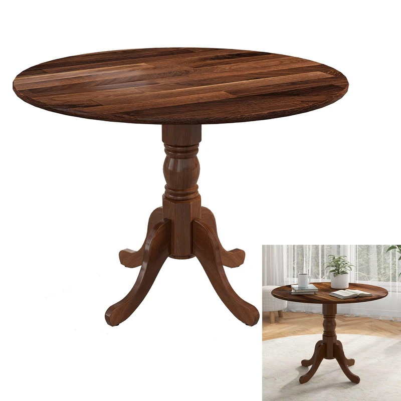 GiantexUK Round Dining Table, 100CM Rubber Wood Kitchen Table with Large Tabletop, Curved Legs & Adjustable Foot Pads, 4 Seats Rustic Breakfast Desk for Dining Living Room Restaurant (Walnut)