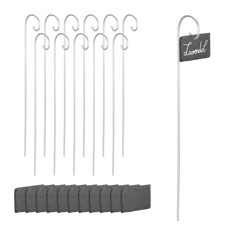 Relaxdays 12x Slate Plant Signs, Labelling, Weatherproof, Metal Rod, Blackboard, HWD: 42.5x10x6 cm, Anthracite/Silver