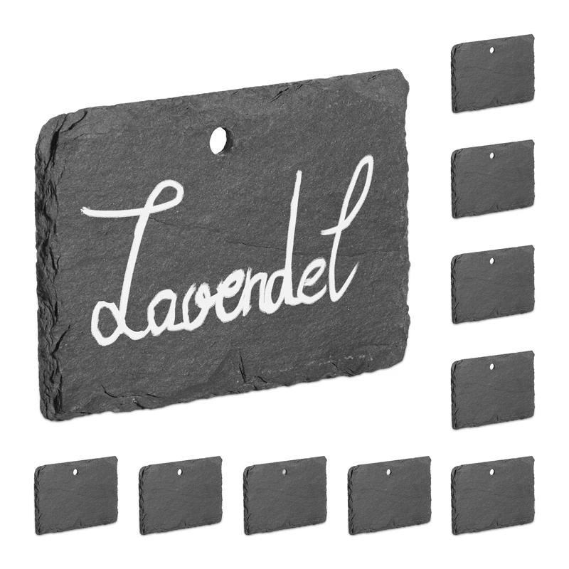 Relaxdays 10x Rustic Slate Plant Labels, Bedding Signs to Hang, Garden Accessories, HxW: 7x10 cm, Chalkboard, Anthracite