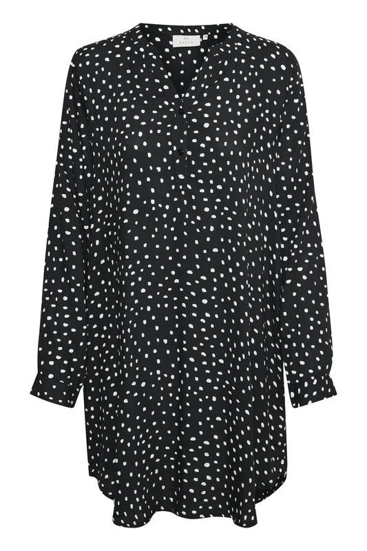 KAFFE Women's Dress Above Knee Length Casual Fit Long Sleeves V-Notch Neck, Black/Chalk Dots, 8