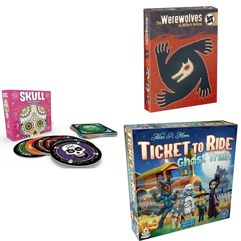 Asmodee Halloween Family Games Bundle | Skull + Werewolves of Millers Hollow + Ticket to Right - Ghost Train | Party Games | Ages 6+ | 15-30 Minutes Average Playing Time