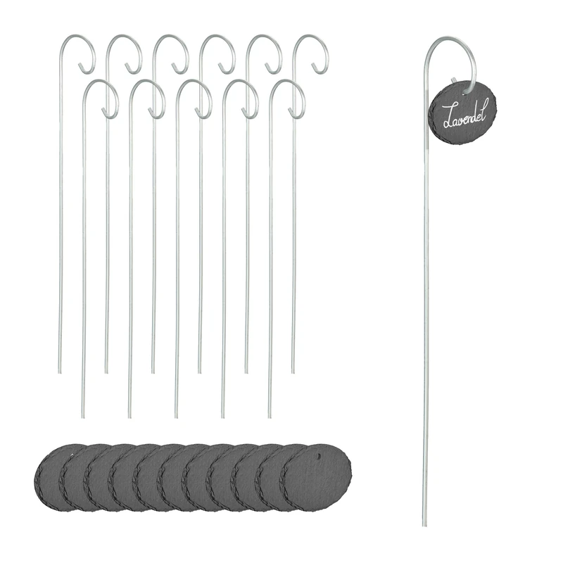 Relaxdays 12x Slate Plant Signs, Labelling, Weatherproof, Metal Rod, Oval Blackboard, HWD: 42x9x6 cm, Anthracite/Silver
