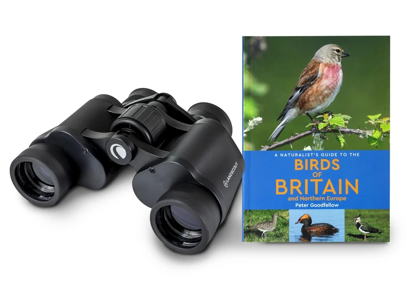 Celestron 73151 LandScout 7x35mm Water-Resistant Birder Starter Kit - Rubber Grip Binoculars with Coated Lens and K9 Optical Glass, includes Birds of Britain and Northern Europe Guidebook, Black