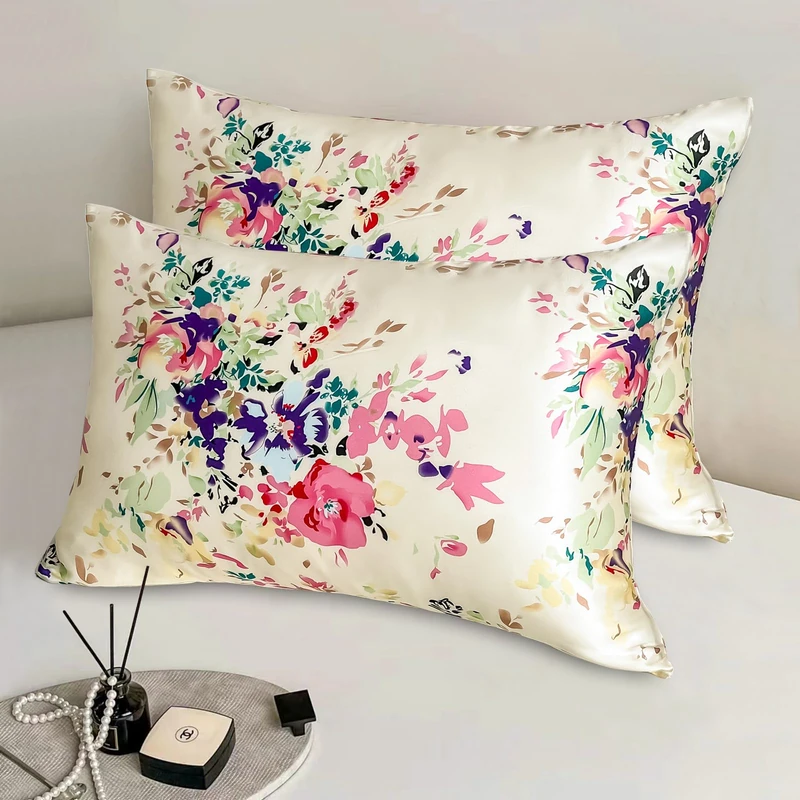 100% Real Mulberry Silk Pillowcase Set of 2 for Hair and Skin with Zipper,Health,Soft,Cooling Both Sides Grade 6A Pure Silk Bed Flower Pillow Cases,Floral Print,2Pack(Standard Size 20"x26",Pattern1)