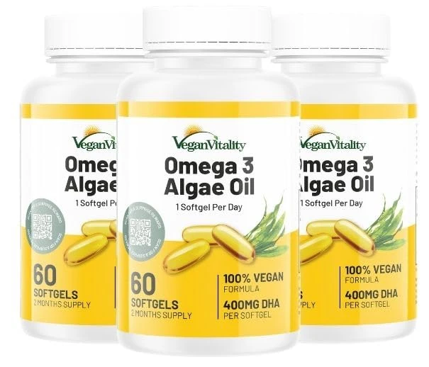 Omega 3 Algae Oil : 400mg DHA - for Heart, Joints, Brain Health, High Strength 180 Softgel Tablets, 6 Months Supply. Vegan Vitality's Algae Omega 3 - Vegans, Vegetarians DHA Supplement