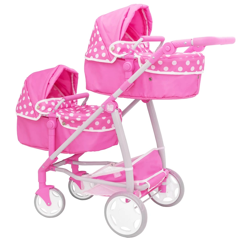 Dolly Tots Twin Pushchair | Pink Polka Dot Double Pushchair | Double Dolls Pram with Adjustable Height Handle And Multiple Seat Options | Suitable For Ages 3+, 81 * 43.5 * 90cm