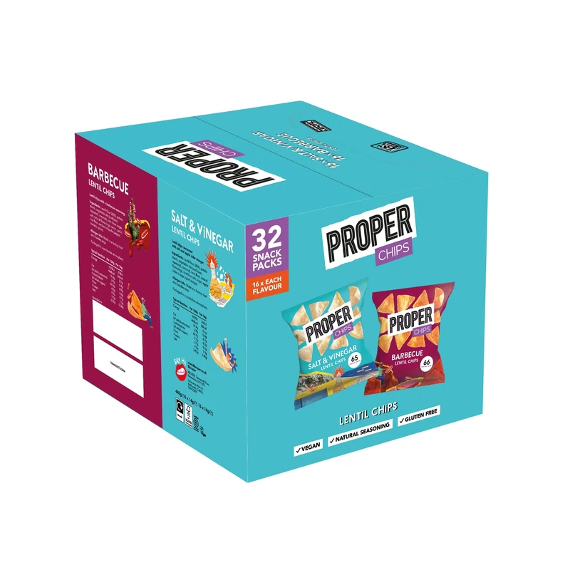 PROPER - Multipack Box, Barbecue and Salt & Vinegar Lentil Chips, Vegan, Gluten Free Snacks, 14g, 32 Packs, (16 bags of each flavour)