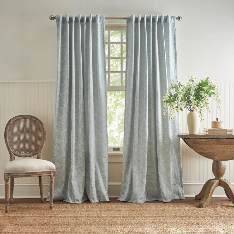Martha Stewart Cottage Floral Jacquard Room Darkening Lined Rod Pocket/Back Tab Window Curtain Panel Pair, 84", Light Blue