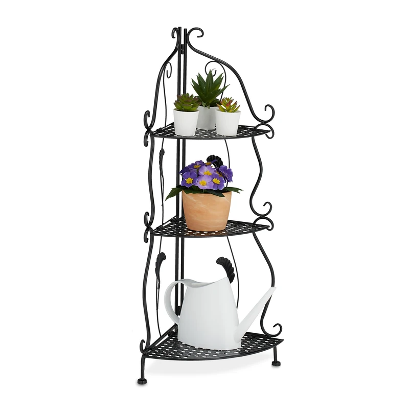 Relaxdays Corner Shelf Metal, 3 Levels, HWD: 82.5 x 30 x 30 cm, Plant Rack Free-Standing, Foldable, Vintage Look, Black, Steel