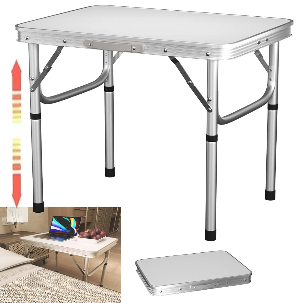 AUTOFU Lightweight Folding Table, Extra Strength Camping Buffet Trestle Table for Indoor Outdoor, Adjustable Height, Aluminium Folding Table, White - 60 x 45 x 26cm/56cm