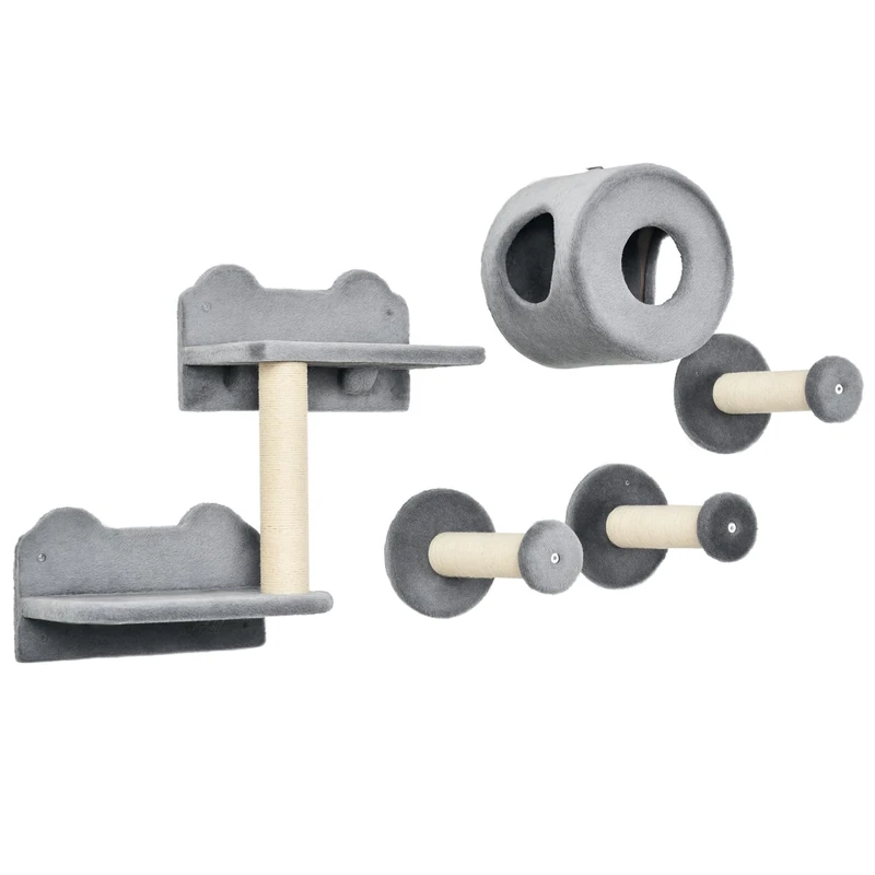 PawHut 5Pcs Cat Wall Furniture with Perch, Cat Condo, Scratching Post - Grey
