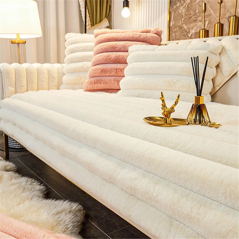 Thick Rabbit Plush Sofa Covers 1 2 3 Seater, Non-Slip Sofa Slipcovers For Corner L Shape, Funny Fuzzy Sofa Cover, Warm Velvet Sofa Cushion Covers, Washable Furniture Protector (Cream,110x240cm)