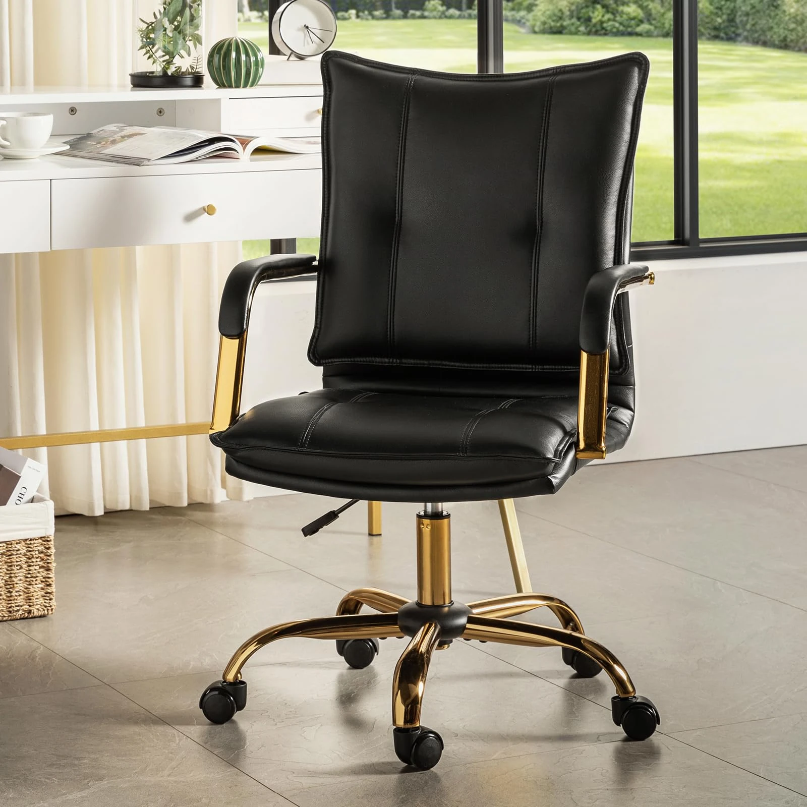 HULALA HOME Faux Leather Home Office Desk Chair, Adjustable Swivel Computer Chair with Golden Legs and Arms, Comfy Upholstered Task Chair, BLACK