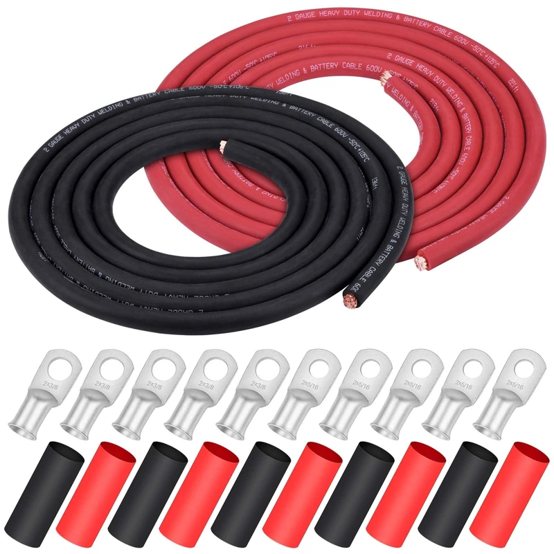 iGreely 2 AWG Gauge Wire 10 Feet Black + 10 Feet Red Welding Battery Pure Copper Ultra Flexible Cable + 5pcs of 5/16" & 5pcs 3/8" Copper Cable Lugs Terminal Connectors +Heat Shrink Tubing