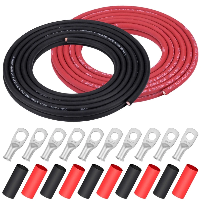 iGreely 6 Gauge 6 AWG Wire 20 Feet Black + 20 Feet Red Welding Battery Pure Copper Ultra Flexible Cable + 5pcs of 5/16" & 5pcs 3/8" Copper Cable Lug Terminal Connectors + Heat Shrink Tubing