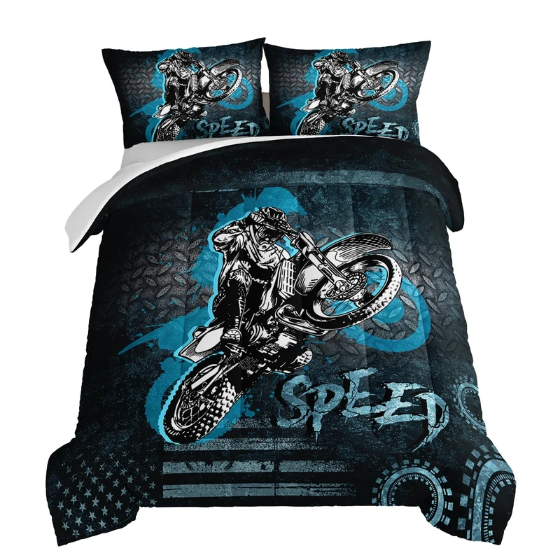 HOSIMA Dirt Bike Comforter Motocross Rider Bedding Set for Race Car Bed,American Flag Motorbike Comforter for Queen Size Bed Extreme Sport Bedding Set for Boys Teens Mens Bedroom Essentials.