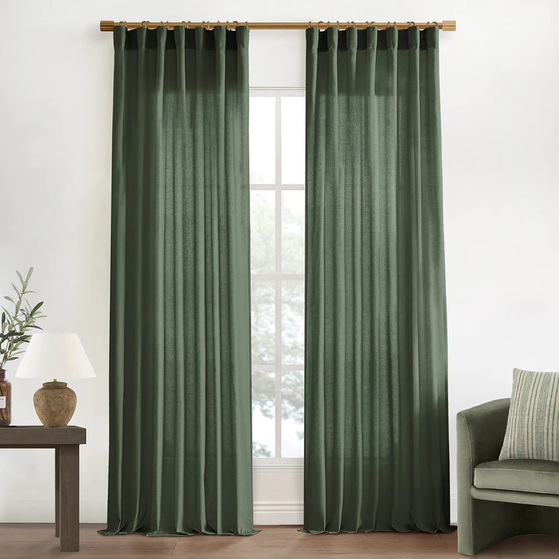 XTMYI 102 Inch Length Olive Green Sheer Linen Curtains 2 Panels Set,Hook Belt Pleated Back Tab Cotton Polyester Blend Light Filtering Semi Sheer Curtain Drapes for Living Room Bedroom,50x102 in Long