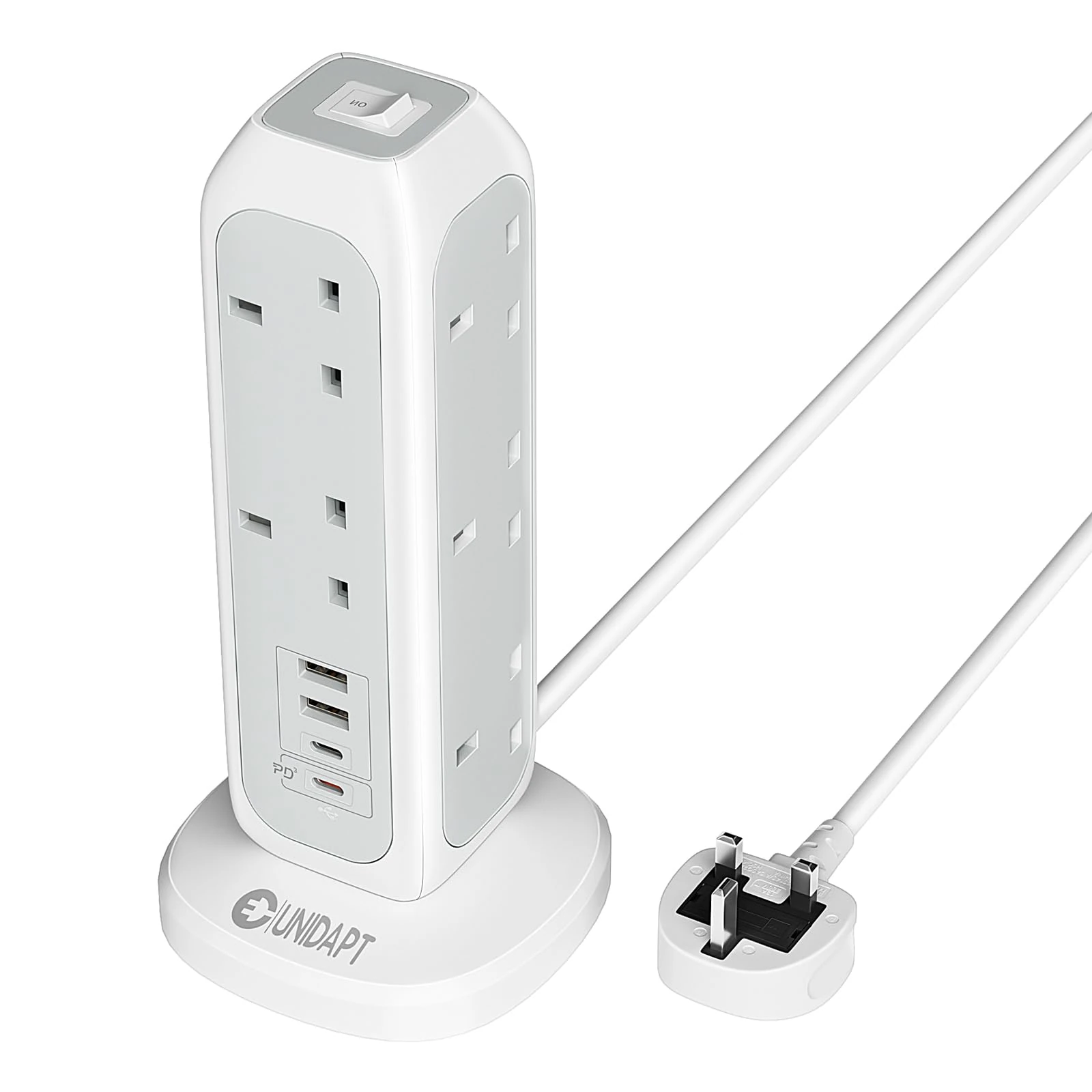 Tower Extension Lead 5M with 4 USB Ports – Unidapt 5M Extension Cable, 20W USB-C Fast Charger, Multi Socket Plug, Surge Protected Power Strip with Switch for Home and Office