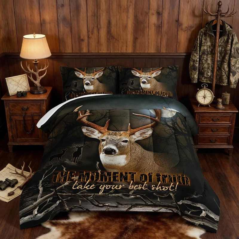 HOSIMA Deer Comforter Forest Hunting Bedding Sets for Teen Boys Mens Bedroom Essentials RV Inside Decor,Western Bedding Wildlife Animal King Size Comforter Set with 2 Pillowcases.