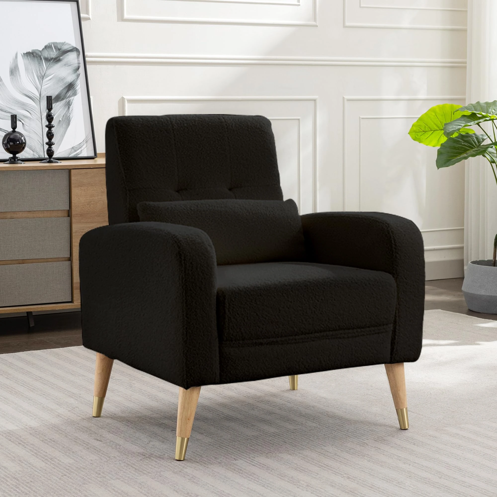 Dolonm Mid-Century Modern Accent Chair, Upholstered Armchair Living Room Chair, Comfy Single Sofa Chair with Sturdy Legs, Polyester Fabric Chair for Living Room Bedroom, Black