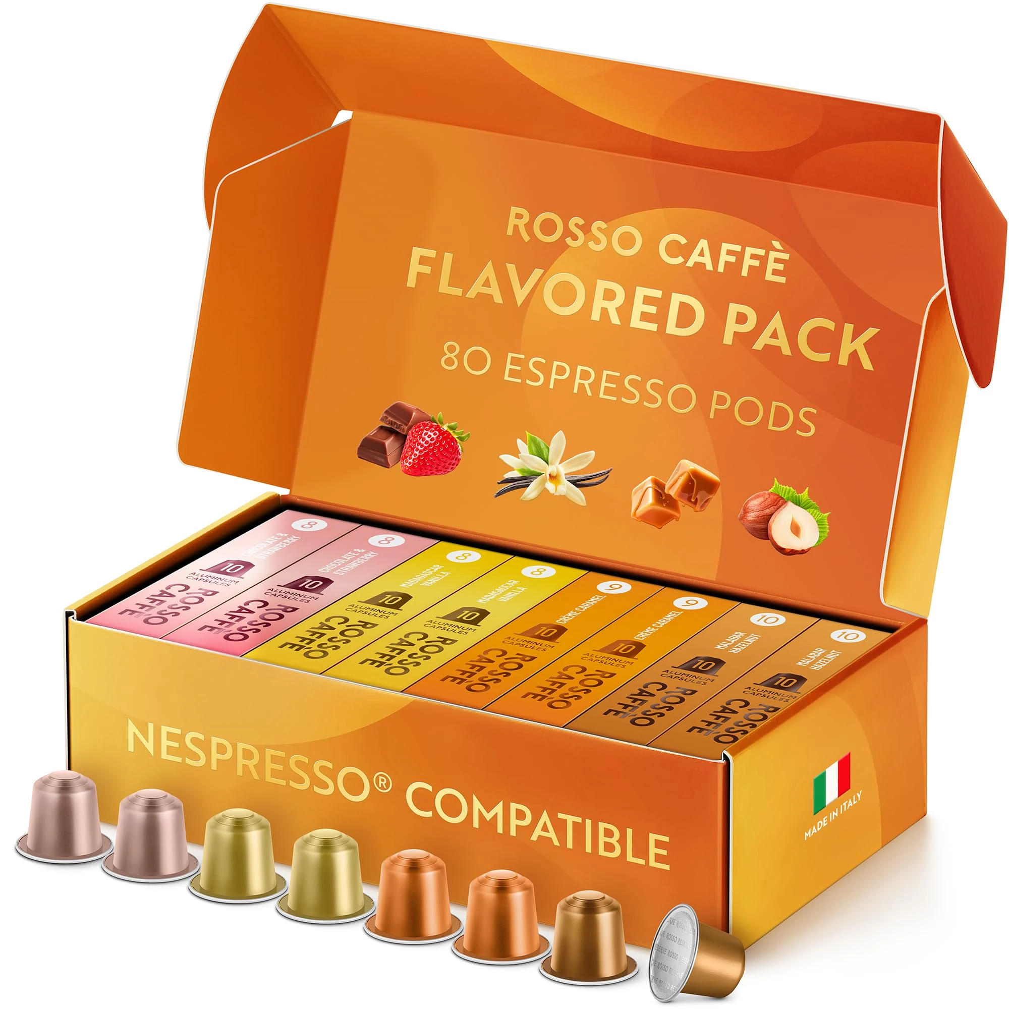 ROSSO CAFFÈ Nespresso Machine Compatible "Reserve Flavour Pack" 80 Capsules, 4 Rich and Balanced Flavours (Chocolate, Vanilla, Crème Caramel, Hazelnut) - Made in Italy