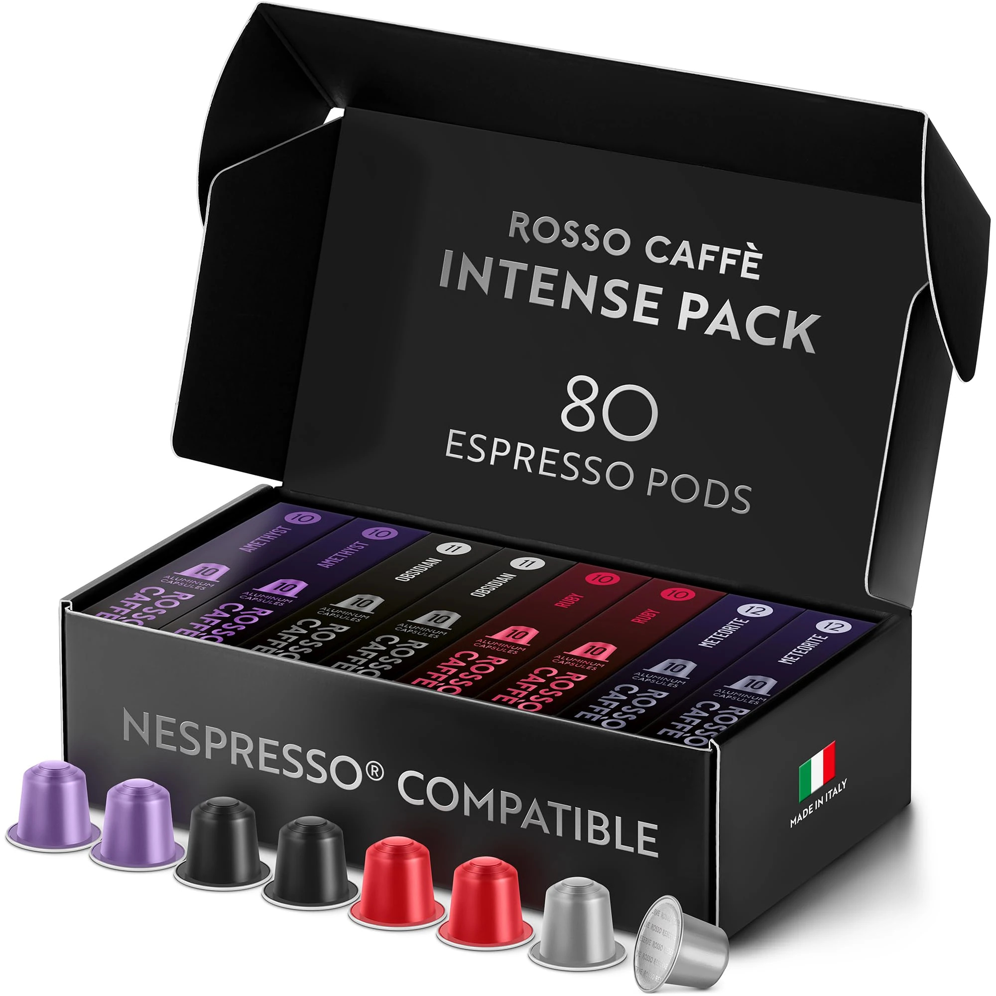 ROSSO CAFFÈ Nespresso Machine Compatible 80 Capsules Dark Roast Intense Pack, 4 Strong and Robust Flavors - Made in Italy