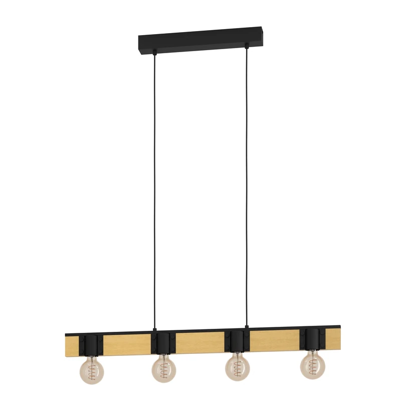 Eglo Pendant Lighting Bailrigg, 4 lamp Ceiling Light Fitting, Wooden Hanging lamp for Dining and Living Room, FSC100HB, Black Metal and Natural Wood, E27 Socket, 35.43 in