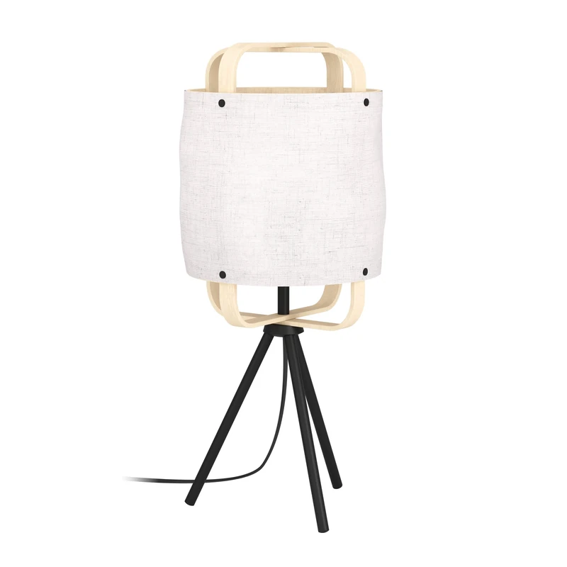 Eglo Tripod Bedside lamp Surfleet, Light Fixture with Fabric lampshade, Living Room and Bedroom Lighting Made of Linen, Wood and Black Metal, E27 Socket, 20 in