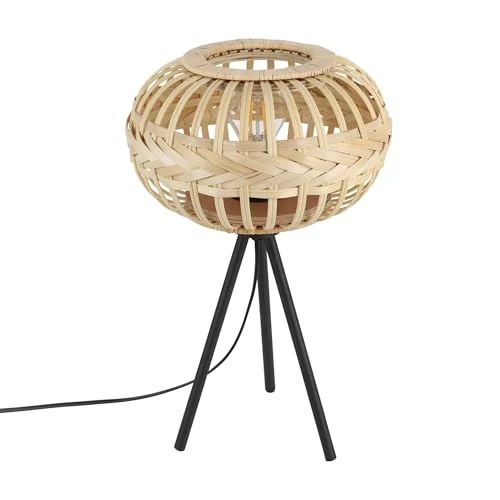 Eglo Tripod Bedside lamp Amsfield 1, Boho Style Light Fixture, Living Room and Bedroom Lighting, Black Metal and Natural Coloured Bamboo, E27 Socket, 16 in