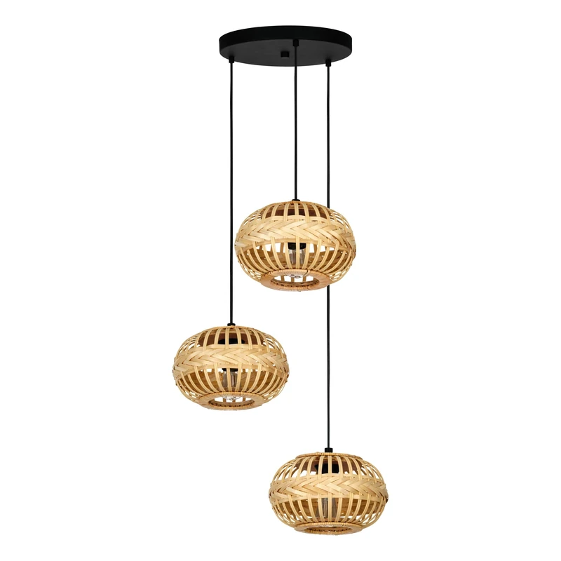Eglo Pendant Lighting Amsfield 1, 3 lamp Ceiling Light Fitting, Boho Style Hanging lamp for Dining and Living Room, Black Metal and Natural Bamboo, E27 Socket, Ø 19 in