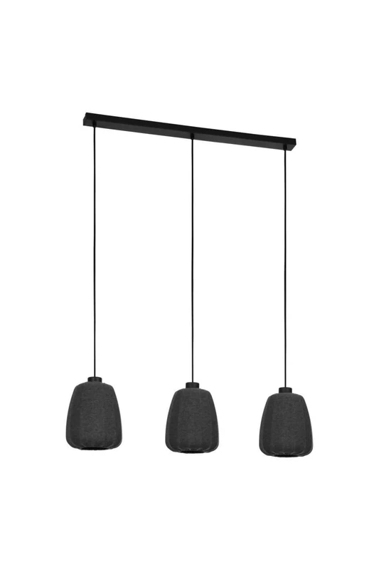 Eglo Pendant Lighting Barlaston, 3 lamp Ceiling Light Fitting for Dining Room, Hanging lamp Made of Grey Fabric and Black Metal, E27 Socket, 35"