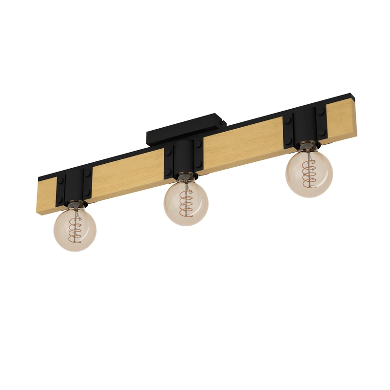 Eglo Ceiling Light Fixture Bailrigg, Rectangular Ceiling lamp with 3 Spots, FSC100HB, Natural Colour Wood and Black Metal Spotlight, E27 Socket