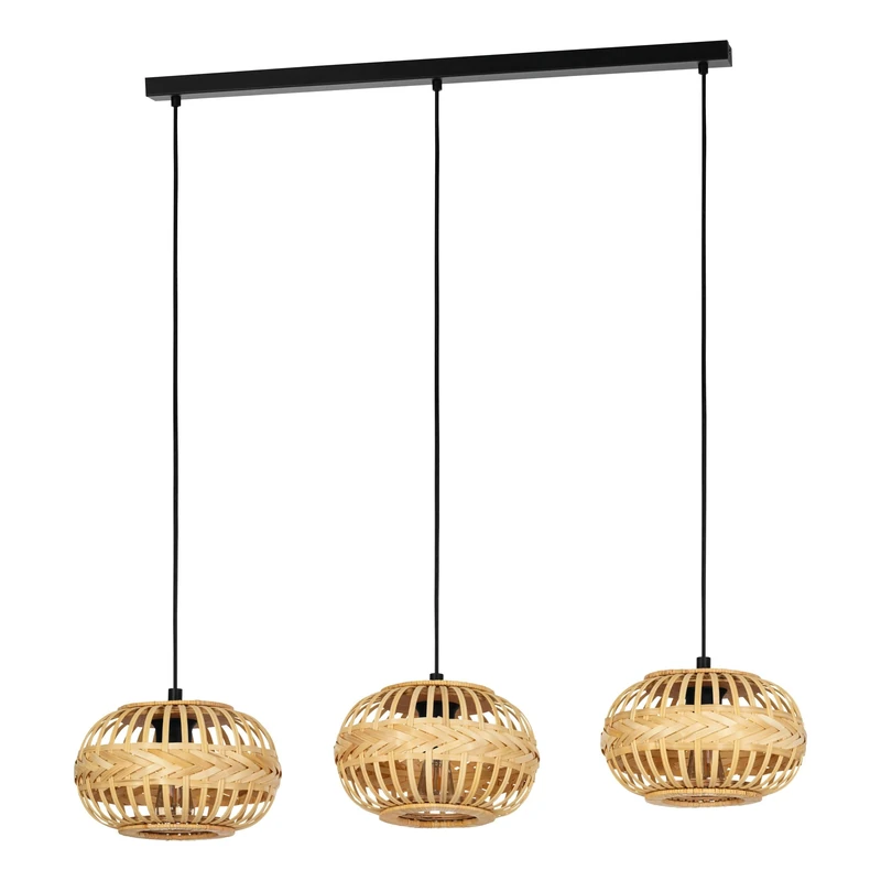 Eglo Pendant Lighting Amsfield 1, 3 lamp Ceiling Light Fitting, Boho Style Hanging lamp for Dining and Living Room, Black Metal and Natural Bamboo, E27 Socket, 38 in