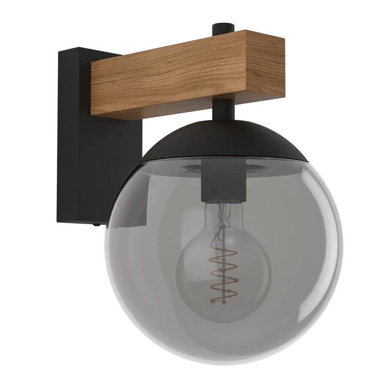 Eglo LED Outdoor Wall Light Fixture Bufalata, External Porch lamp, Globe-Shaped Outside Spotlight, Black and Wooden Effect Metal, White Plastic, E27 Socket, IP44