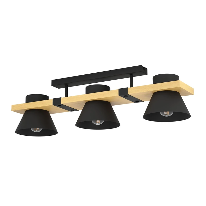 Eglo Ceiling Light Fixture Maccles, Ceiling lamp with 3 Shades, FSC100HB, Living Room and Hallway Lighting, Wood and Black Metal, E27 Socket, 30"