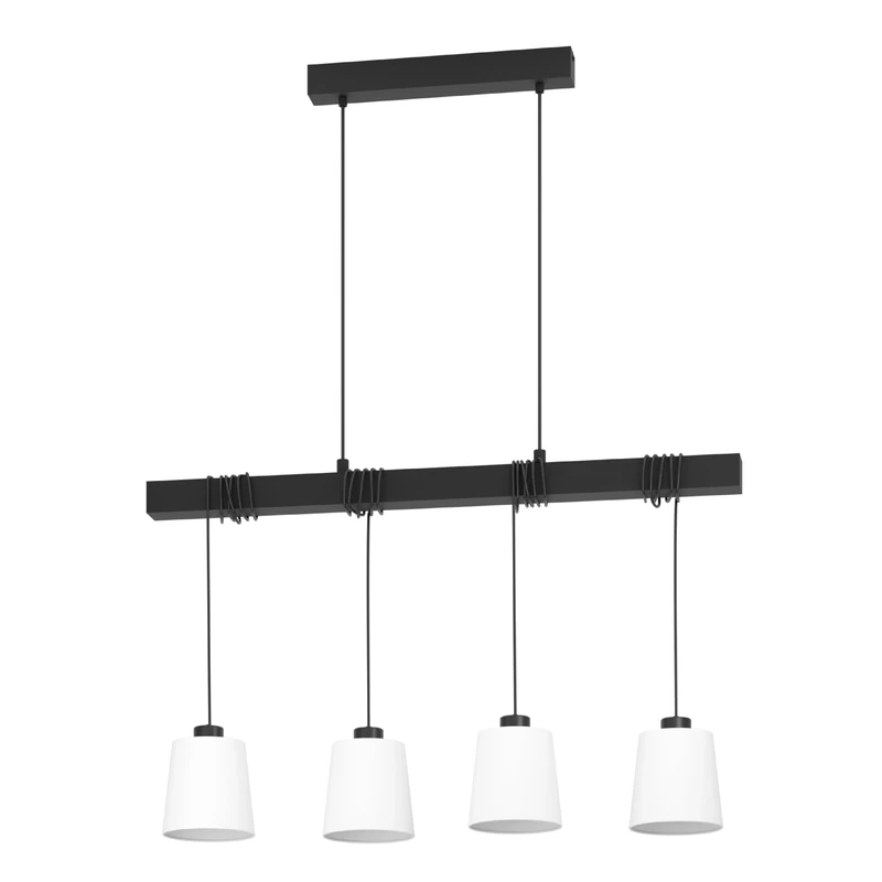 Eglo Pendant Lighting Townshend 8, 4 Light Hanging lamp, Ceiling Light Dining Room, Dining Table lamp with Wooden Beam, Metal, Wood and Textile in Black and White, E27 Socket